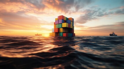 Poster - Colorful cube floating in ocean waves during sunset with vibrant sky and reflections in water