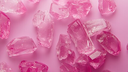 Poster - Light pink crystal pieces gently scattered over a soft pastel-colored surface, providing plenty of space for branding or design.