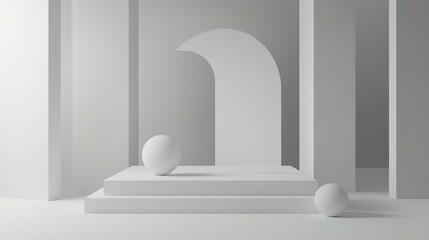 Poster - Minimalist white architecture and spheres creating a modern abstract composition