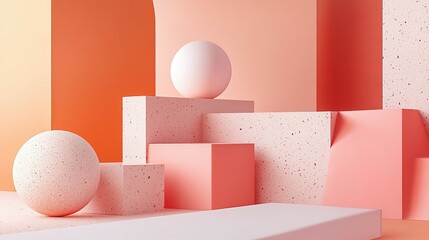 Poster - Abstract scene featuring geometric shapes in coral and pink hues