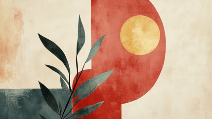 Poster - Abstract composition featuring geometric shapes and a plant branch