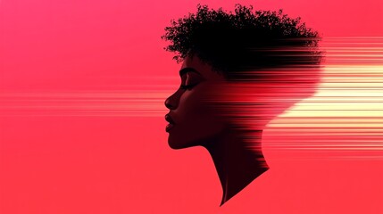 Poster - Silhouette of a woman with curly hair against a vibrant pink sunset background