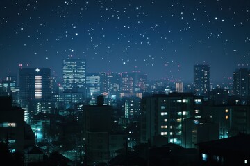 Wall Mural - City skyline illuminated at night with bright artificial lights and twinkling stars. Generative AI