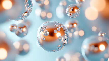 Wall Mural - a close-up macro shot of lustrous pearl-like spheres and metallic ornaments suspended in an artistic