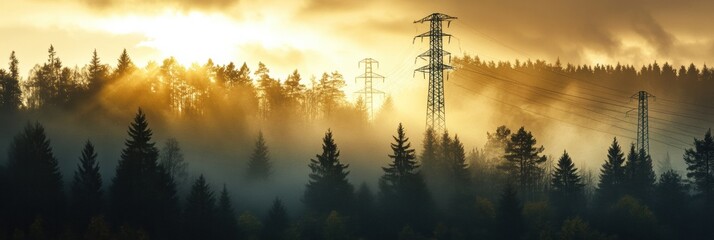Poster - Eco friendly natural gas infrastructure surrounded by a misty forest at sunrise. Generative AI