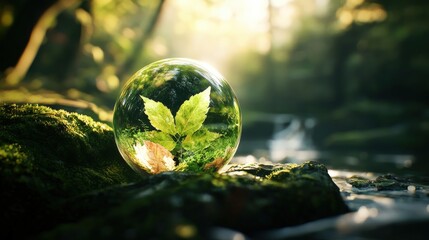 Aufkleber - Glass sphere containing a green leaf placed on a wooden surface with soft natural lighting