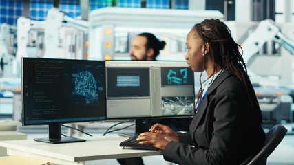Poster - photovoltaics factory programmer analyzing data using artificial intelligence, reviewing system metr