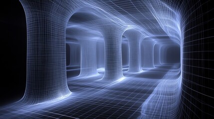 Poster - Digital representation of a futuristic tunnel with glowing grid patterns and illuminated columns at night