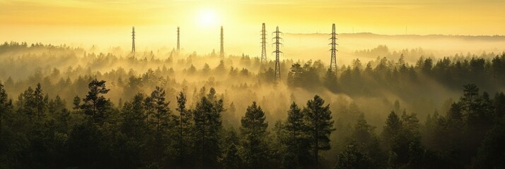 Aufkleber - Green energy initiative in a misty forest showcasing natural gas infrastructure at sunrise. Generative AI
