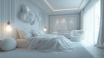 Poster - Modern minimalist bedroom design featuring soft textures and ample natural light