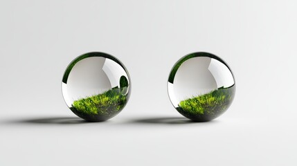 Aufkleber - Two glass spheres containing green grass displayed on a wooden surface with natural lighting
