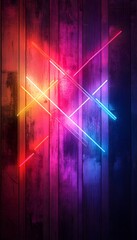 Poster - Vibrant neon lights on a rustic wooden panel background