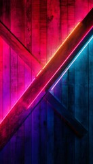 Poster - Wooden planks are illuminated with vibrant neon colored lighting