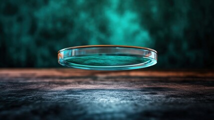 Poster - Glass plate containing vibrant green liquid with photographic equipment in the background
