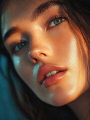 Poster - Modern beauty portrait showcasing youthful skin and artistic lighting in a contemporary setting. Generative AI