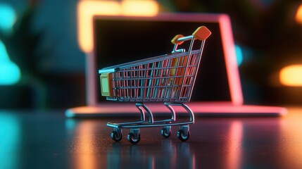 Poster - Shopping cart placed on a laptop with a photo background representing online shopping concept