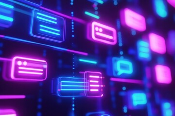 Fototapete - Visual representation of a digital chat interface with vibrant message bubbles and glowing notifications at night. Generative AI