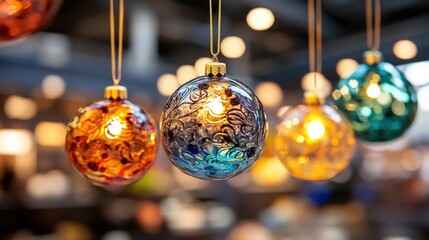 Poster - Colorful glass ornaments hanging from a ceiling creating a festive atmosphere in a bright setting