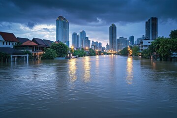 Poster - Flooded urban landscape with rooftops above water and dramatic lighting during twilight in a modern city. Generative AI