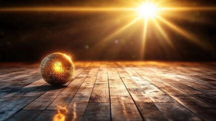 Aufkleber - disco ball reflecting light on wooden floor with sunlight streaming in the background of a vibrant s