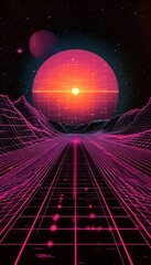 Poster - Retro sci fi landscape with grids planets and horizon