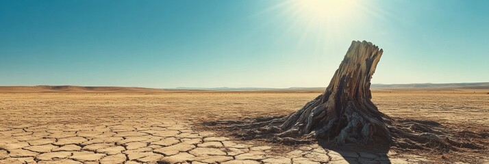 Poster - Lone tree stump stands on cracked earth in bright sunlight under a clear blue sky in a dry desert landscape. Generative AI