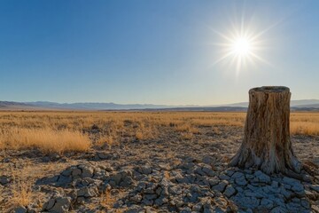 Poster - Dry desert landscape features cracked earth and lone tree stump under bright sunlight and clear sky. Generative AI