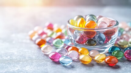 Aufkleber - Glass bowl filled with colorful gems and stones on a white background for decorative purposes