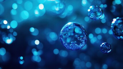 Aufkleber - Glowing gas bubbles create a mesmerizing underwater spectacle in deep blue waters. Generative AI