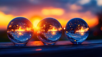 Aufkleber - Three glass spheres arranged on a wooden table with natural light and shadows creating a serene atmosphere