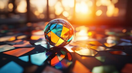 Aufkleber - Glass ball on a table with sunlight reflecting in the background creating a beautiful display of light