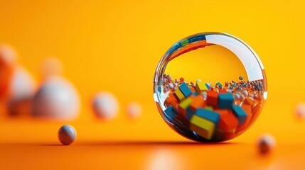 Aufkleber - Glass ball surrounded by colorful balls on a reflective surface with photo lighting effects