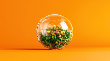Aufkleber - Glass ball containing vibrant flowers and a photograph on a wooden table with a blurred background