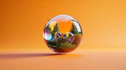 Poster - Glass sphere containing a vibrant landscape scene with grass trees and a clear blue sky inside