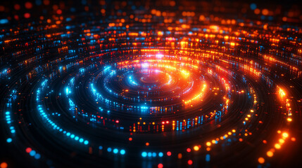 Abstract big data visualization in cyberspace with digital circles and random web fragments, representing information particles in a neural network for a futuristic modern theme