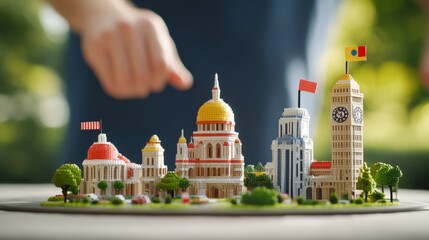 Poster - Miniature model of a cityscape with buildings and streets displayed on a table
