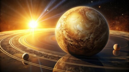 Wall Mural - a golden exoplanet system with rings and moons, orbiting a brilliant star, reflecting light on its s