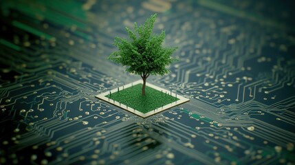 Poster - Tree on a circuit board with circuit background and photo elements in a technology concept scene