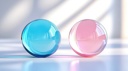 Aufkleber - Two colorful glass spheres with reflections on a smooth surface in a studio setting