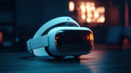 Poster - White vr headset placed on a table with a blurred background and soft lighting for a modern tech look