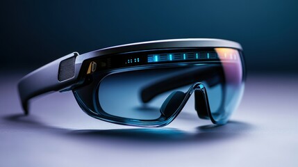 Aufkleber - Glasses with blue light reflecting off lenses and background photo of an indoor setting