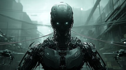 Poster - Futuristic robotic figure stands in a misty urban environment within a dystopian city featuring advanced technology