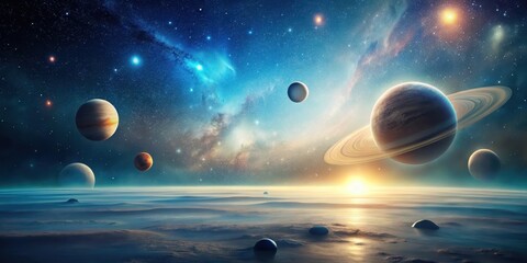 Wall Mural - a breathtaking cosmic vista showcasing a celestial sunrise over a serene alien landscape, featuring 