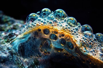 Aufkleber - Underwater gas bubbles glow with vibrant colors in a dark oceanic landscape during daylight hours. Generative AI