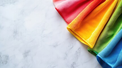 Poster - Colorful fabric draped over a white marble surface showcasing vibrant hues and soft textures
