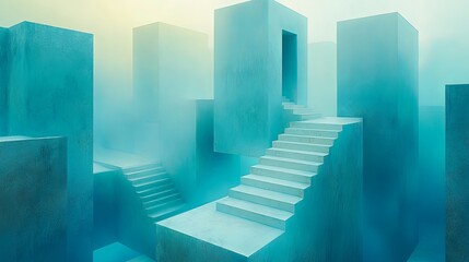 Poster - Staircases and doorways rise from misty landscape, creating a surreal and ethereal architectural setting