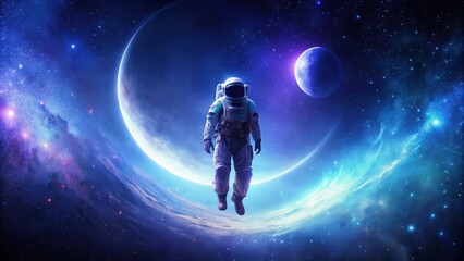 Wall Mural - A lone astronaut floats serenely amidst a cosmic ballet of celestial bodies and nebulae, a breathtaking spectacle of interstellar wonder.
