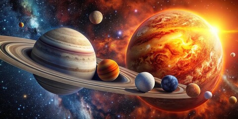 Wall Mural - a celestial tapestry ringed planet and fiery orb dominate a star-filled cosmos