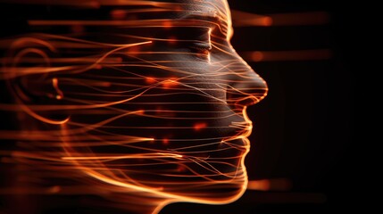 Poster - Abstract Digital Face Profile Glowing Orange Light Lines Technology Concept Futuristic Portrait