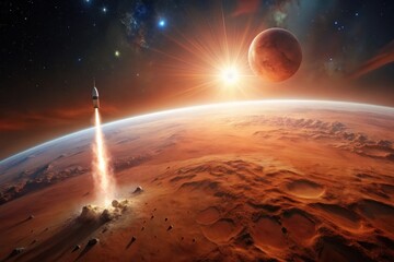 Wall Mural - A spacecraft descends towards a rusty planet, a radiant star illuminating the fiery landscape and the vessel's fiery trail